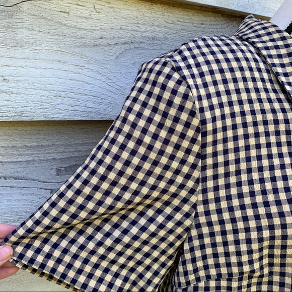 Vintage 80s Gingham Plaid Seersucker Button Up Short Sleeve Peter Pan Collar Top - Picture 7 of 16